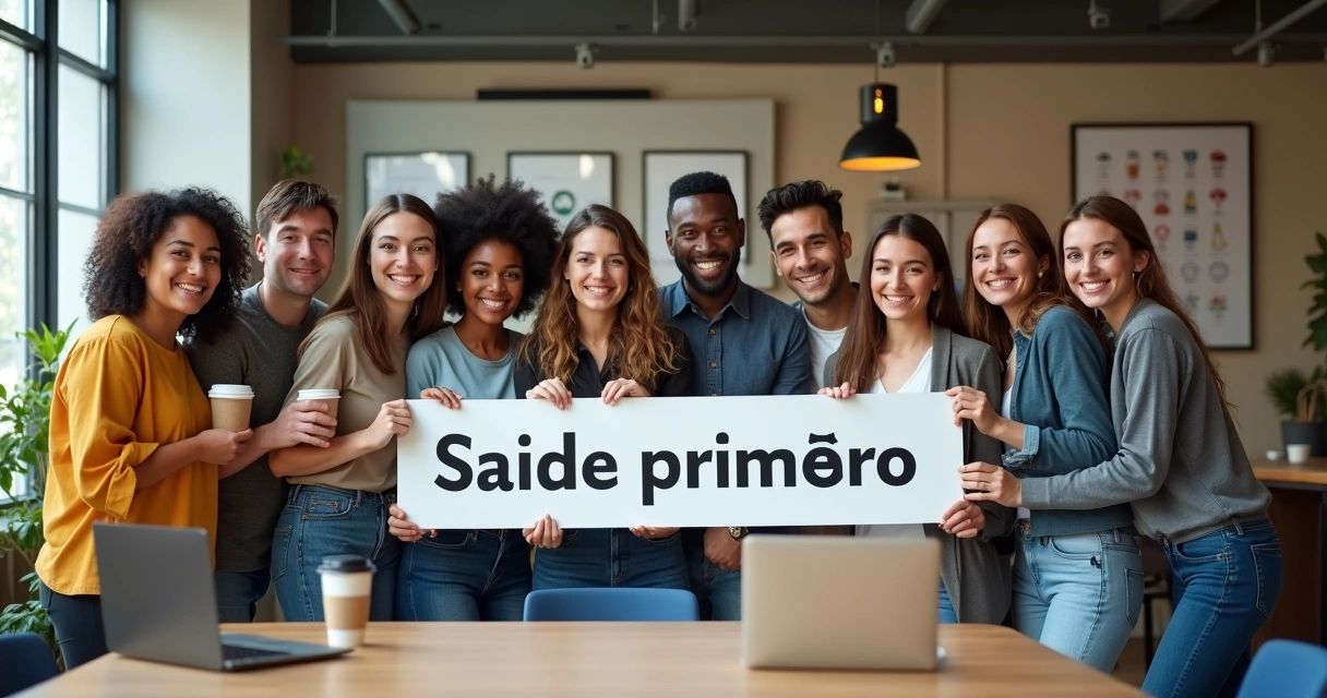 Equipe de empresa segurando cartaz escrito Saúde primeiro 