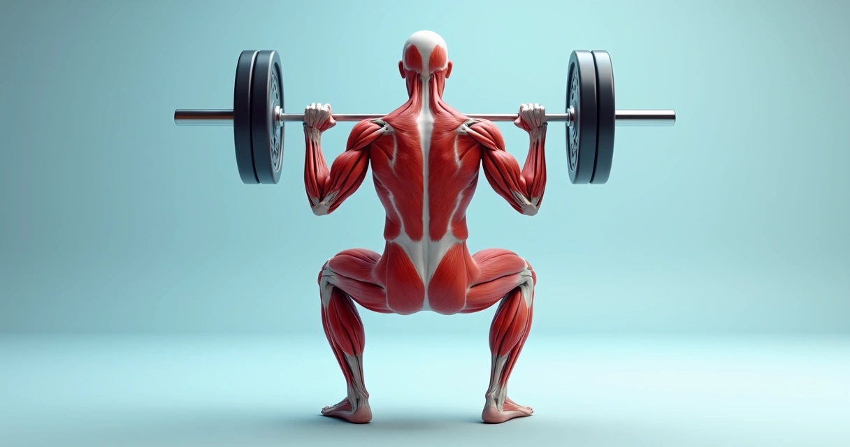 Destaque dos músculos das pernas e core ativados durante agachamento livre 