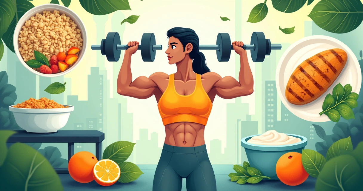 Atleta treinando com alimentos saudáveis ao redor, como arroz integral, frango grelhado e frutas.
