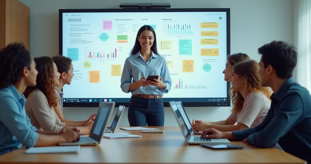 Alunos e professores em videoconferência com gráficos de aprendizado 