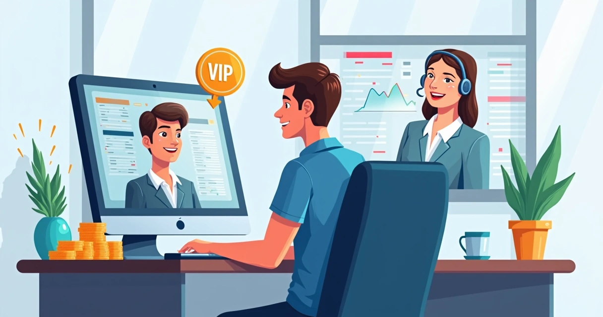 Homem usando computador recebe suporte personalizado em apostas esportivas VIP. 