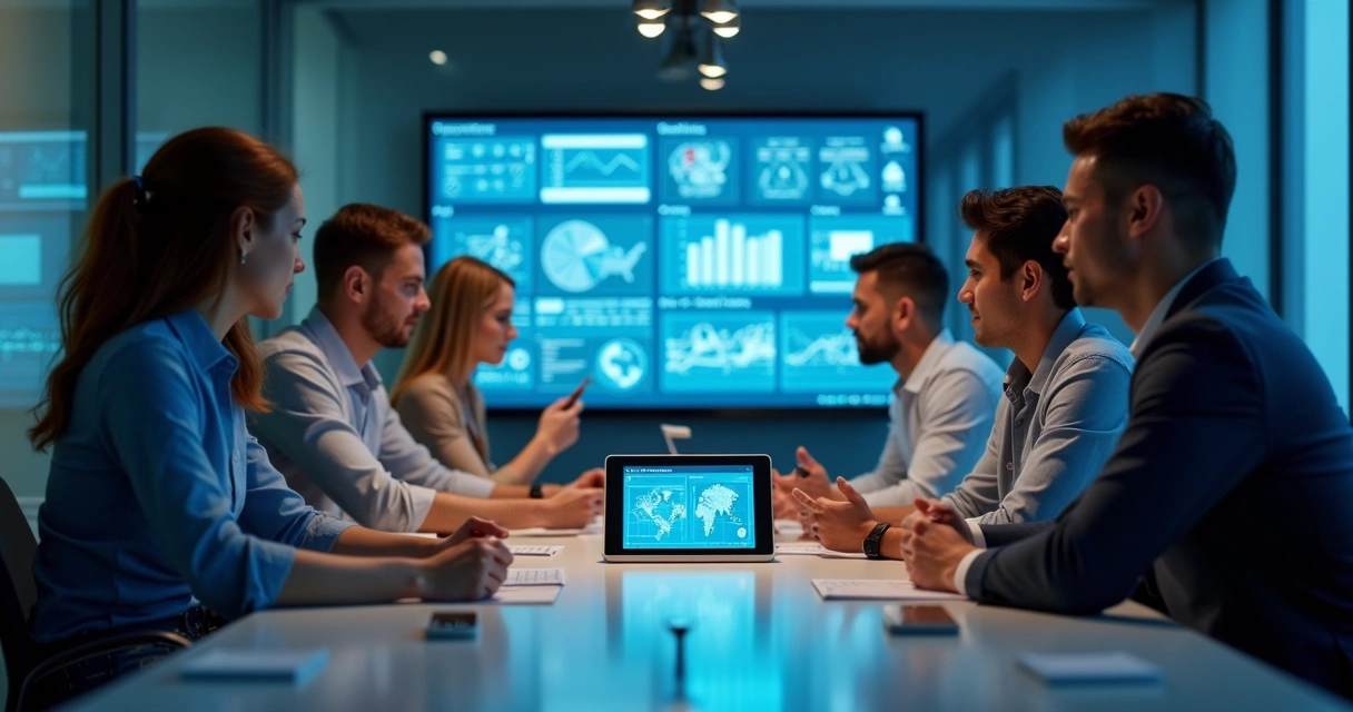 Equipe de negócios discutindo gráficos e ideias em um tablet