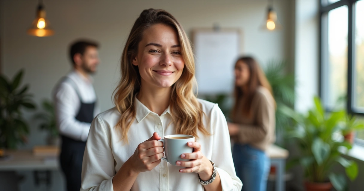 Pessoa sorrindo suavemente em um ambiente de trabalho, com colegas ao fundo interagindo. 