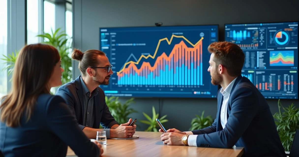 Equipe analisando gráficos de desempenho em tela
