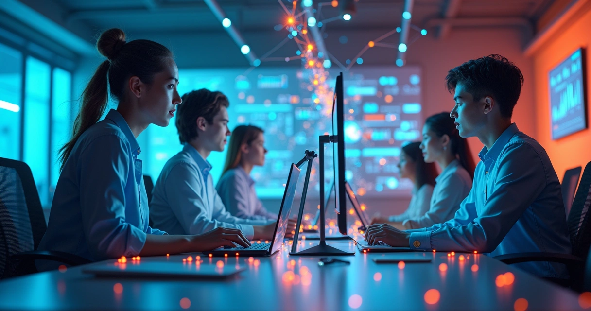 Ilustração mostrando integração entre pessoas, IA e sistemas empresariais 