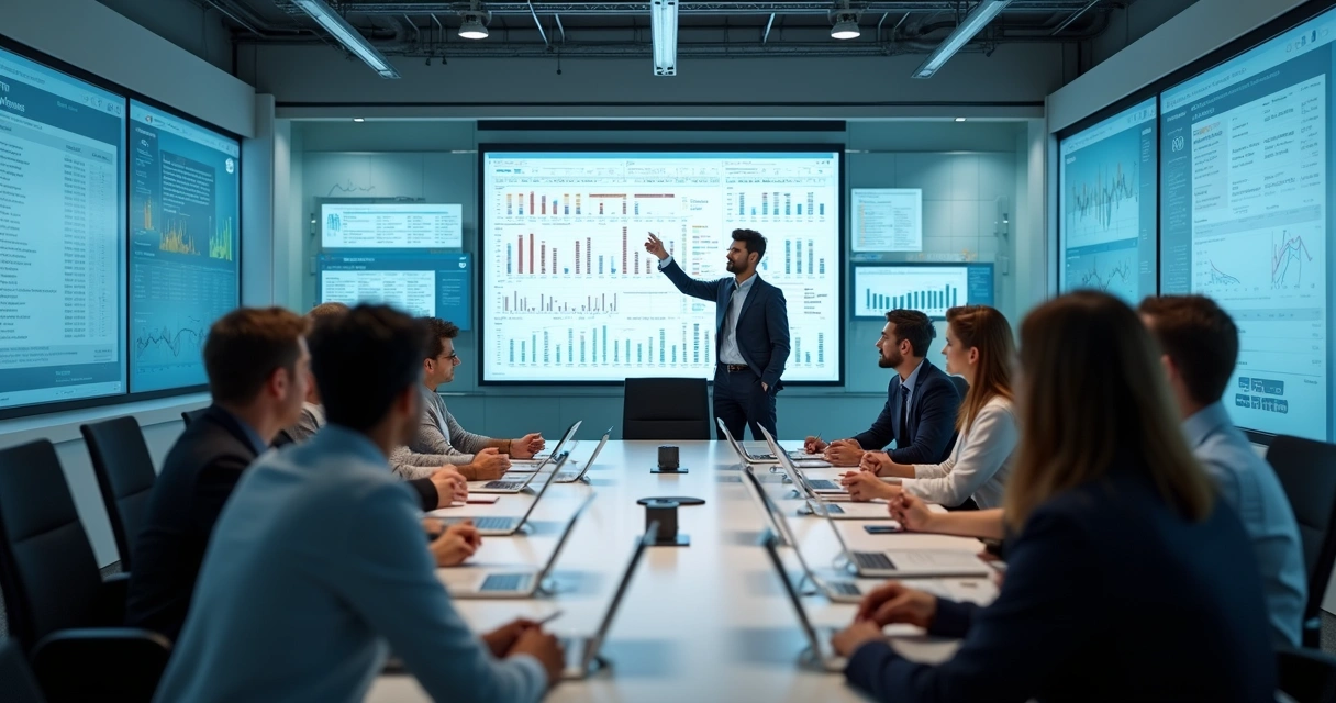 Equipe reunida discutindo gráficos e relatórios em uma sala moderna 