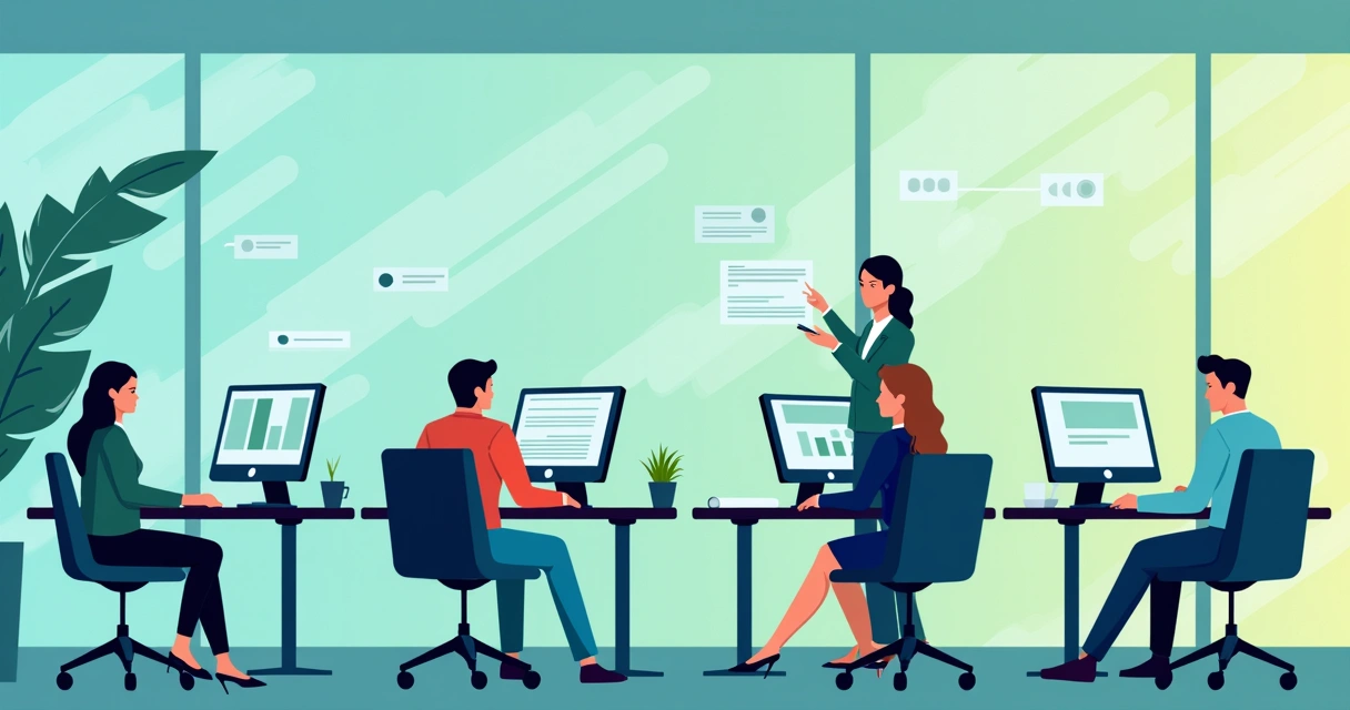 Equipe de trabalho usando computadores enquanto um robô atende clientes em celulares