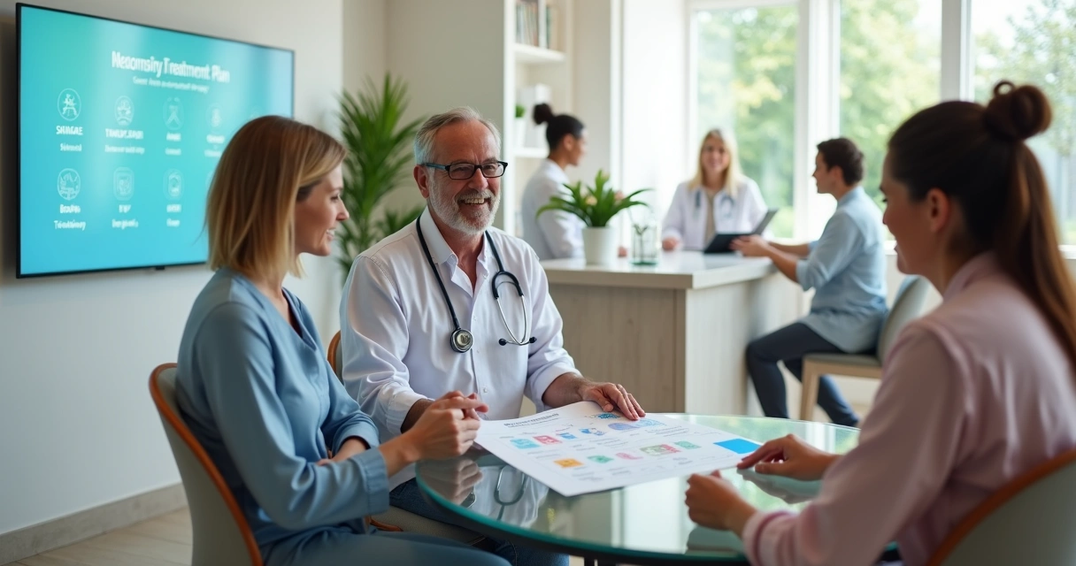 Equipe médica acolhendo paciente em recepção moderna de clínica de bem-estar 