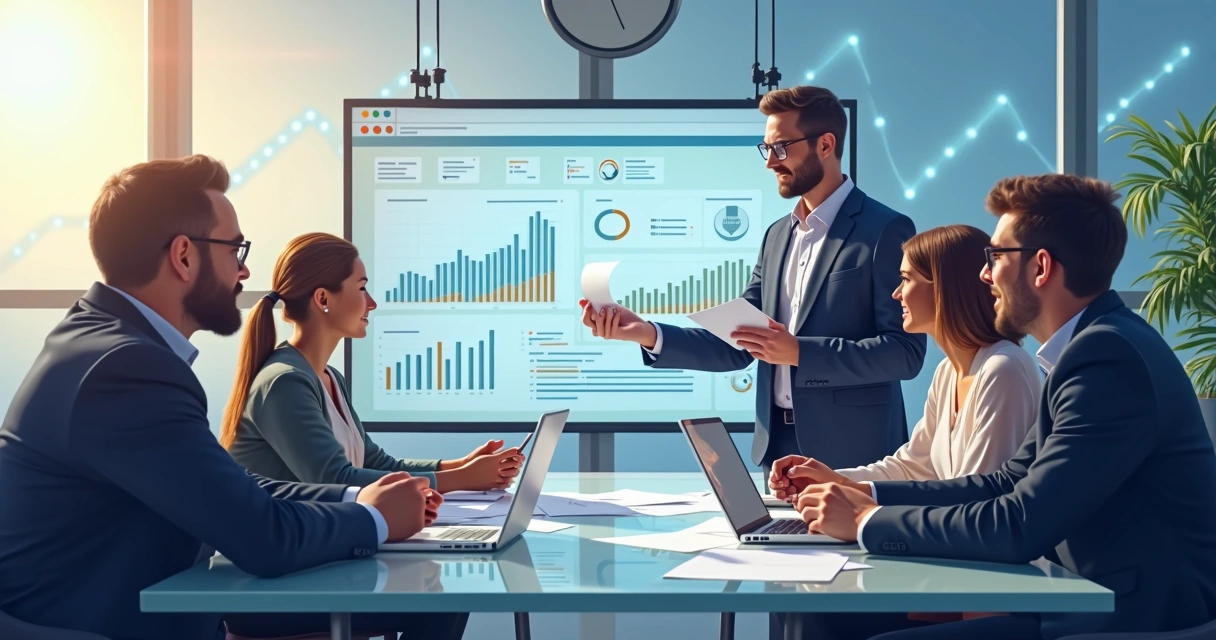 Representação visual dos benefícios do BPO financeiro com gráficos, documentos e equipe reunida discutindo resultados
