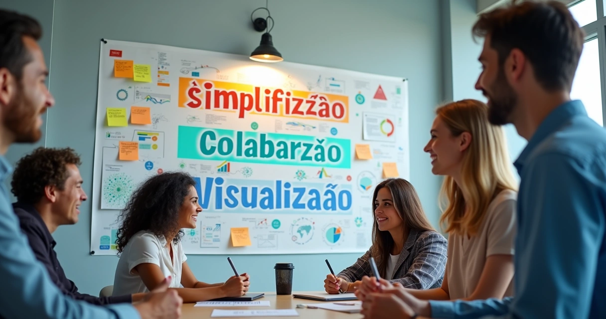 Equipe discutindo quadro visual de vendas em sala moderna 