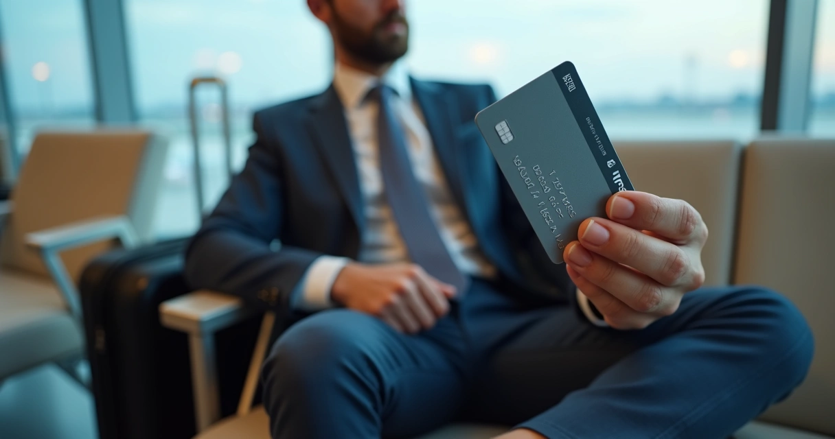 Homem relaxando em sala VIP do aeroporto com mala ao lado e cartão na mão 