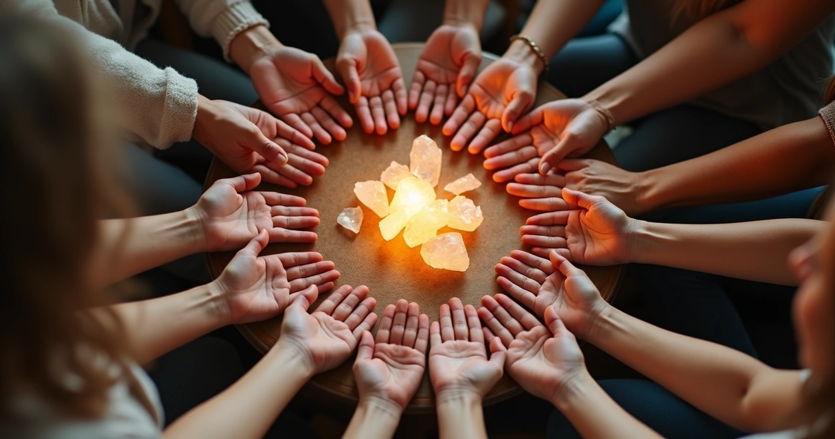 Mãos em círculo sobre mesa com cristais, luz suave, energia positiva visível 