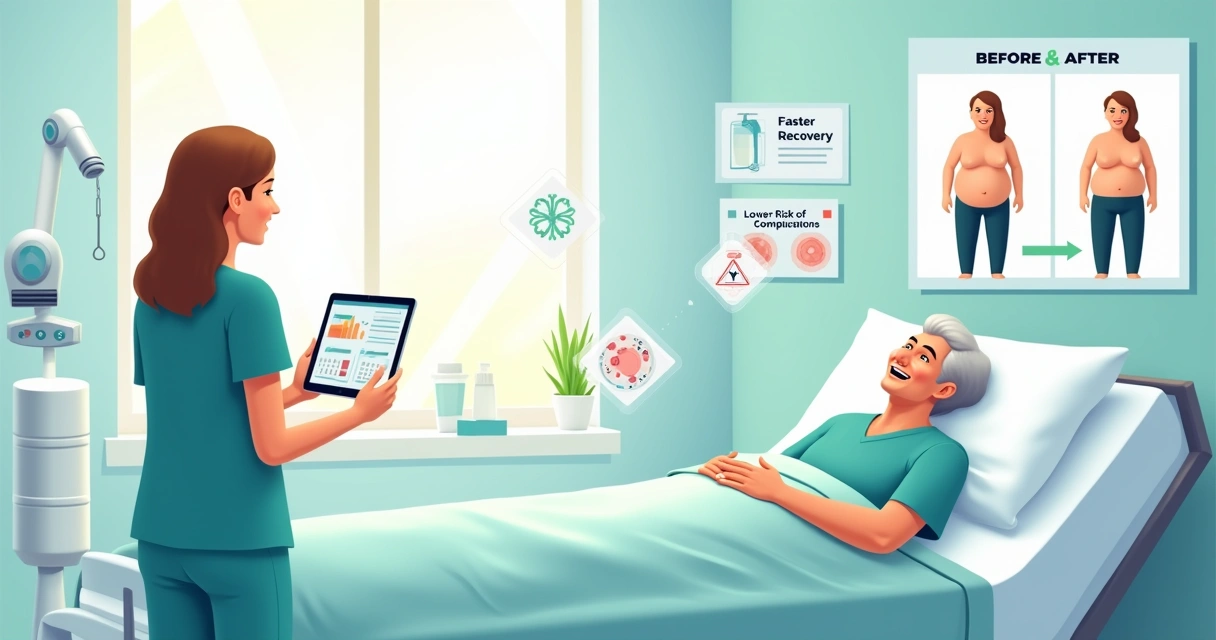 Ilustração de um paciente feliz em um quarto de hospital, simbolizando os benefícios da cirurgia robótica bariátrica.