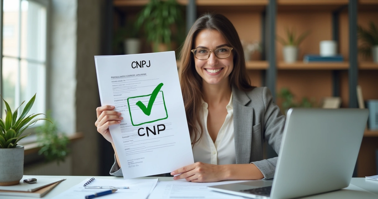 Empreendedora sorrindo com documentos e carimbo CNPJ aprovado 