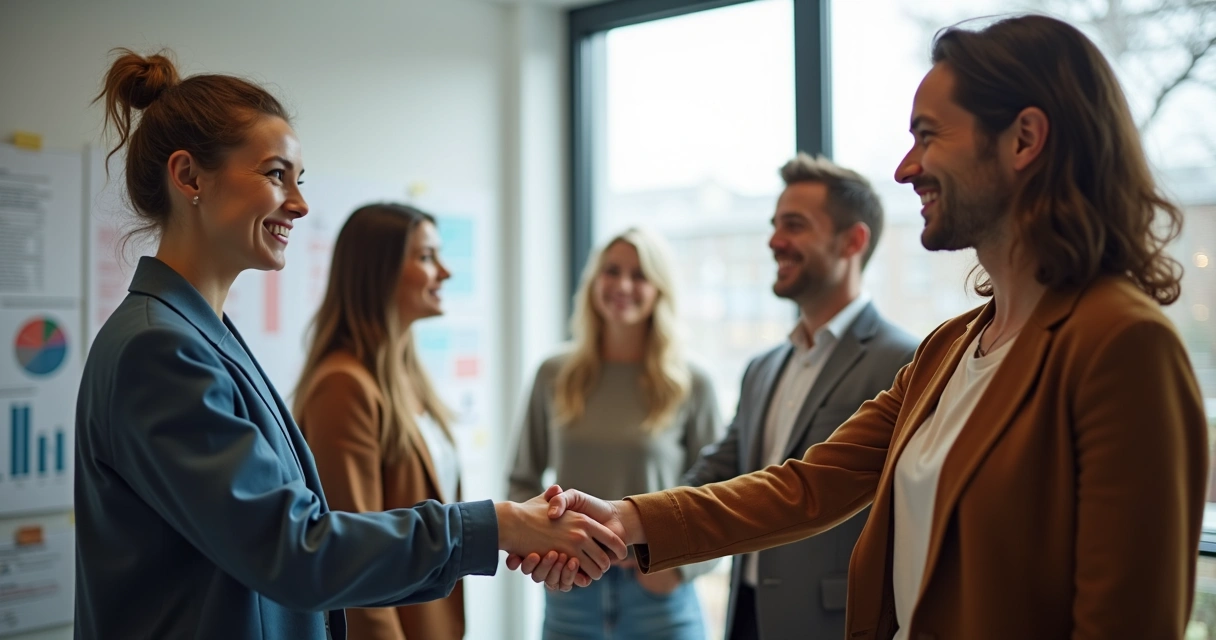 Pessoas sorrindo e apertando as mãos em grupo após dinâmica de resolução de conflitos