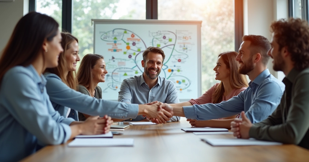 Profissionais em reunião sorrindo e se cumprimentando após dinâmica de constelação sistêmica 