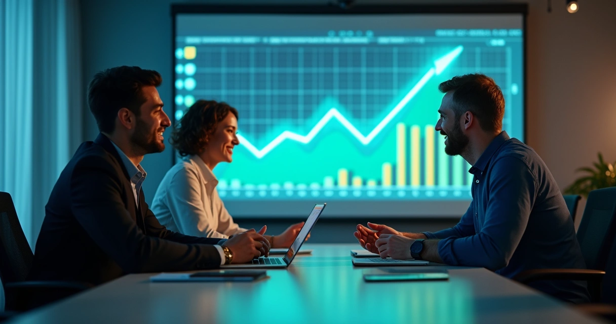 Benefícios visíveis da consultoria de IA em empresas, como gráficos de crescimento e pessoas satisfeitas em um ambiente moderno 