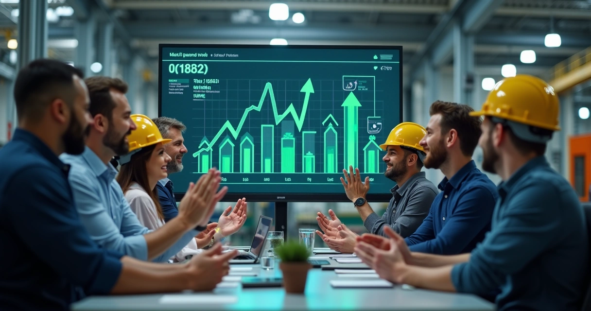Equipe industrial satisfeita comemorando bons resultados 
