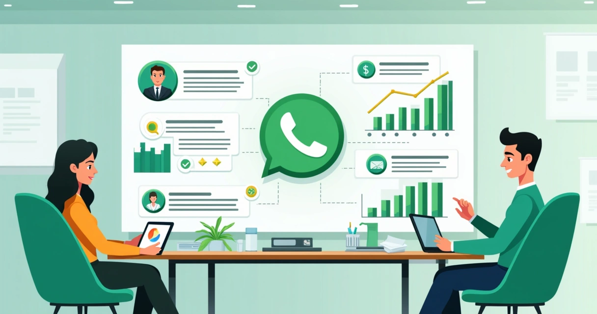 Benefícios da integração CRM e WhatsApp apresentados em painel digital 