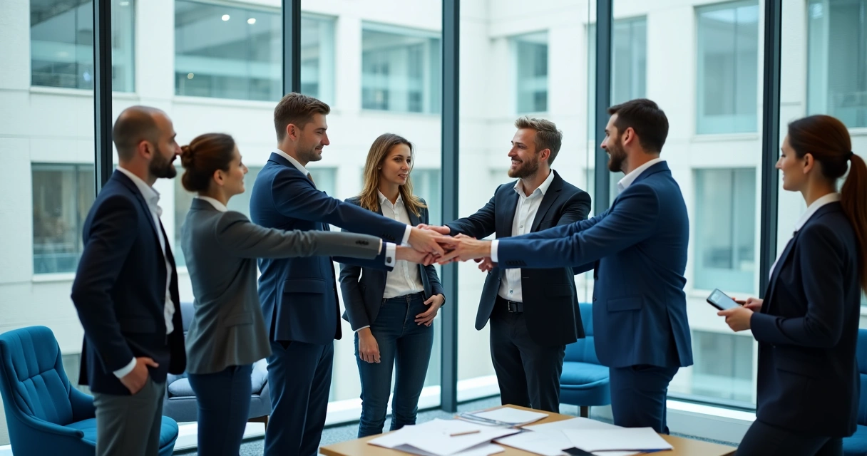 Círculo de pessoas de negócios dando as mãos em ambiente corporativo moderno 