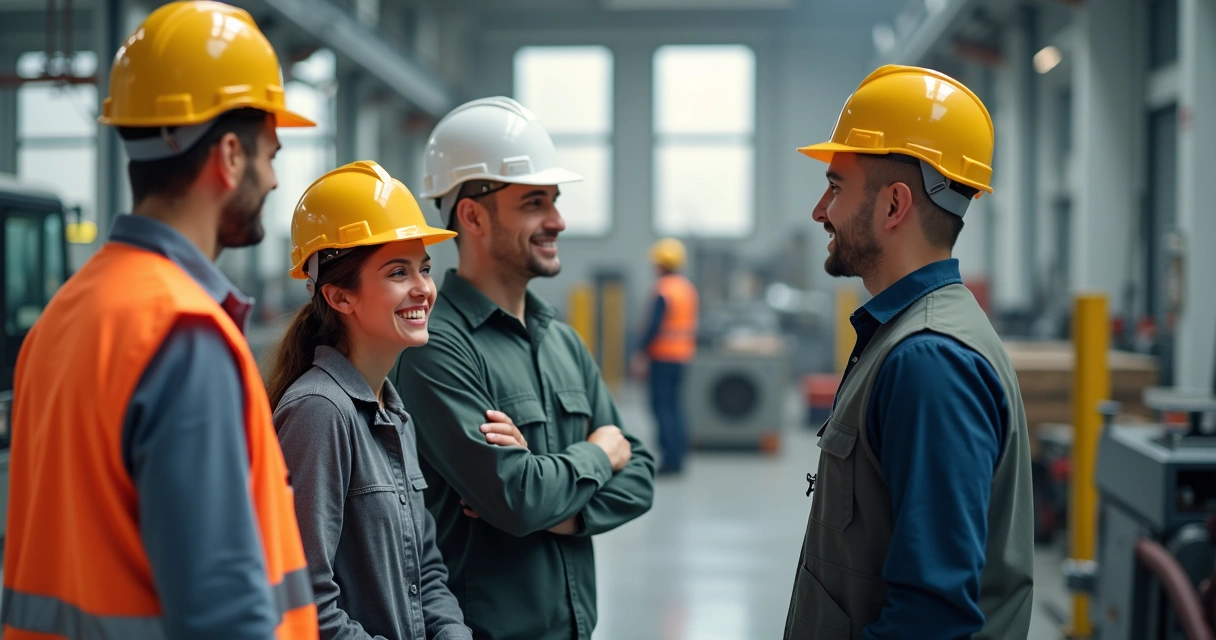 Funcionários sorrindo em ambiente de trabalho seguro 