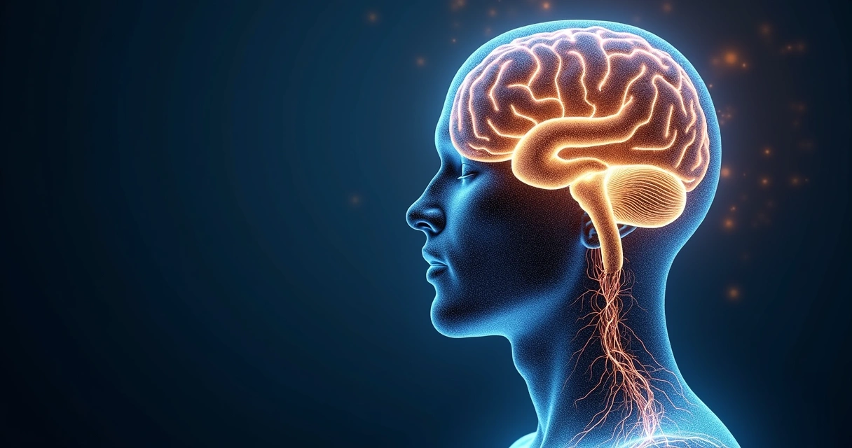 Ilustração de cérebro com redes brilhantes representando benefícios da meditação 