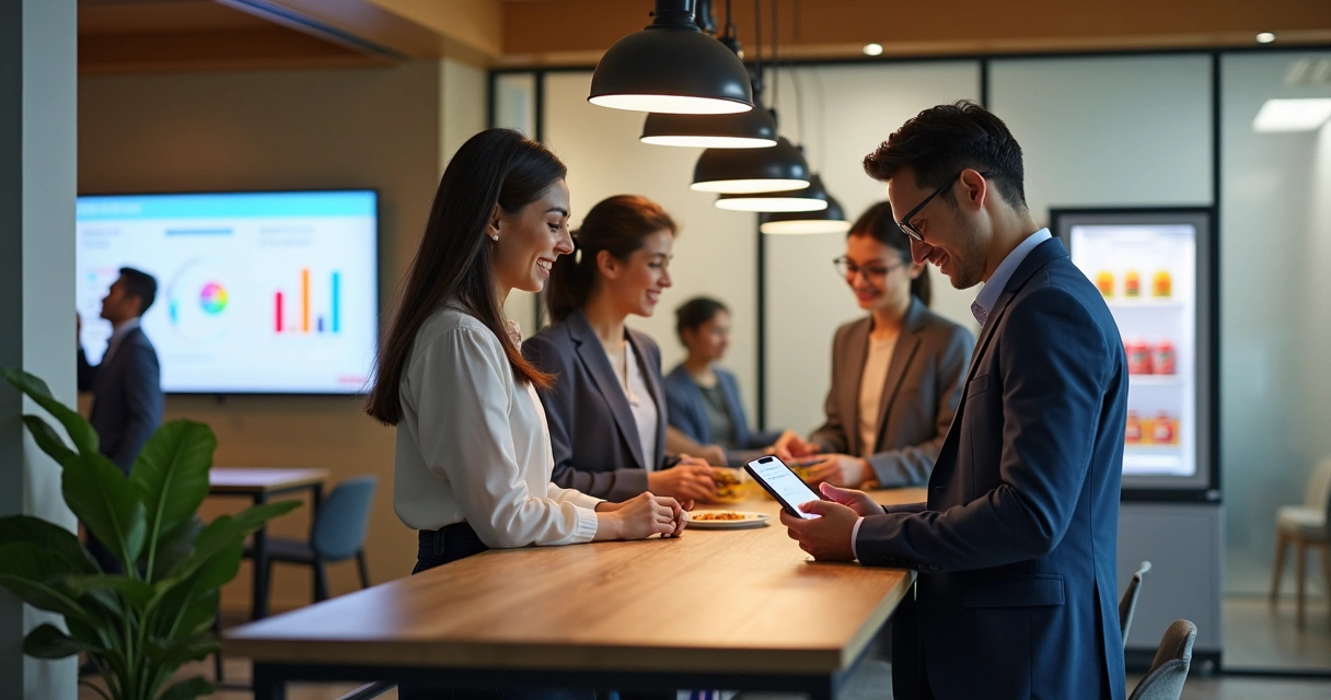 Colaboradores usando solução digital de benefícios no escritório moderno 