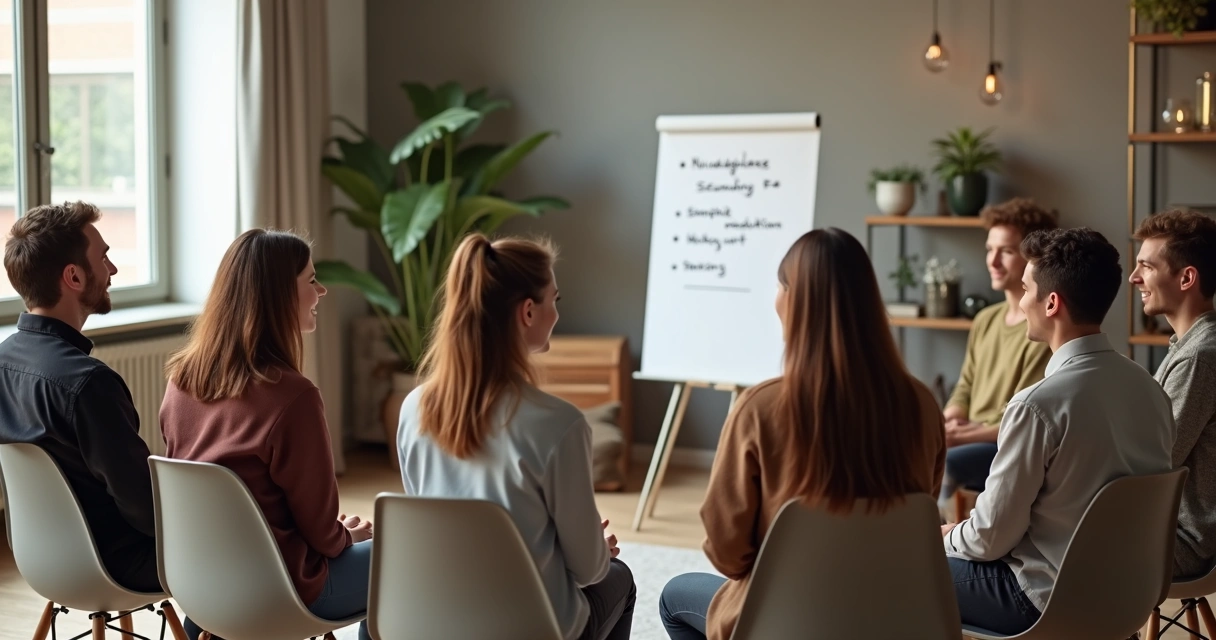 Sala moderna com equipe sentada em círculo, alguns sorrindo e conversando após meditação 
