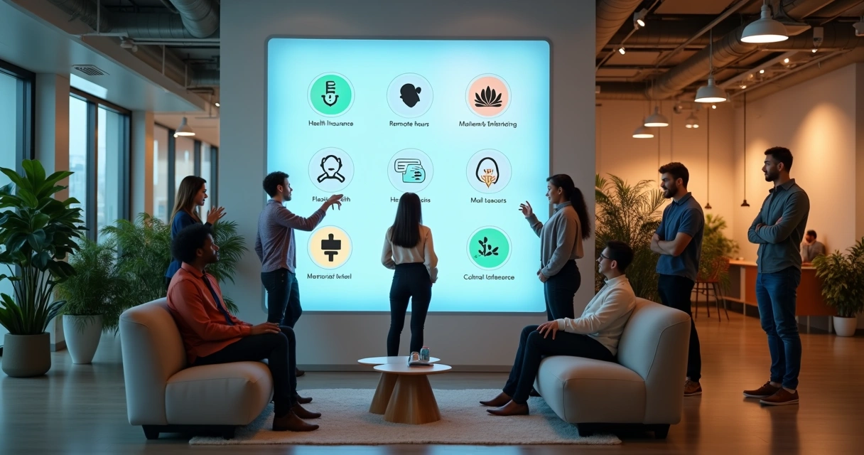 Colaboradores reunidos olhando mural de benefícios da empresa 