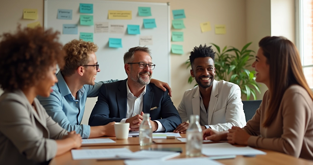 Equipe reunida após dinâmica sistêmica, sorrindo e mostrando integração 