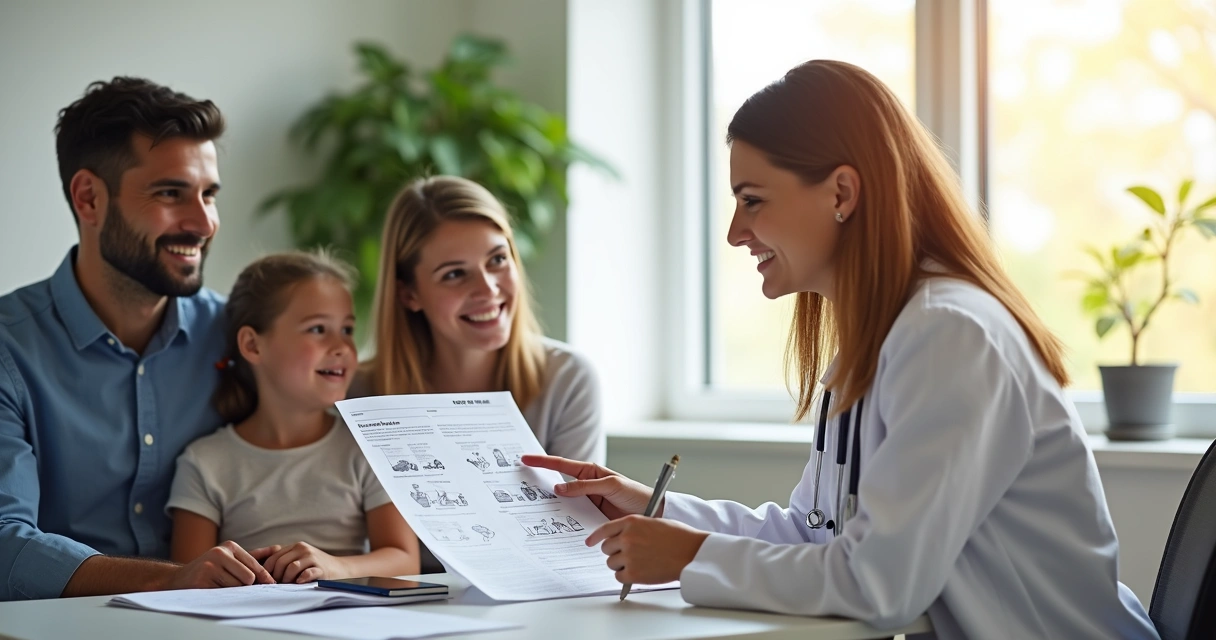 Médico mostrando documentos para família em consultório moderno 