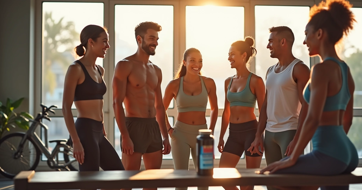 Grupo de pessoas sorrindo com energia e disposição em academia 