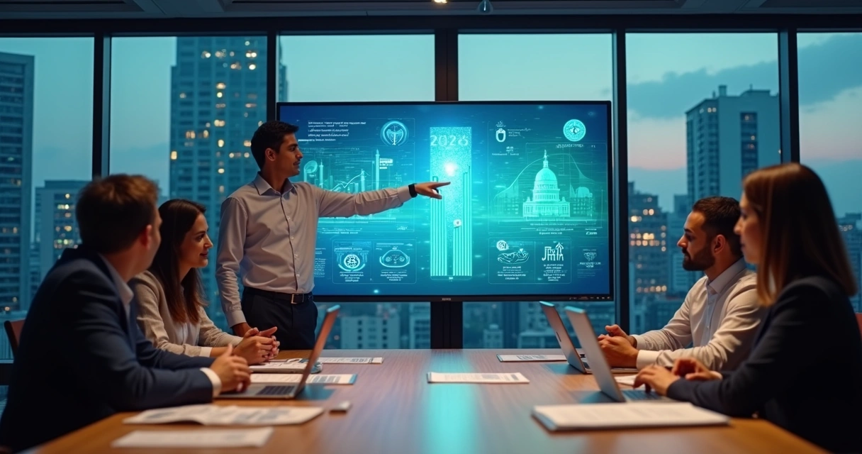 Mesa de reunião com equipe de tecnologia analisando gráficos de benefícios fiscais em telas digitais 