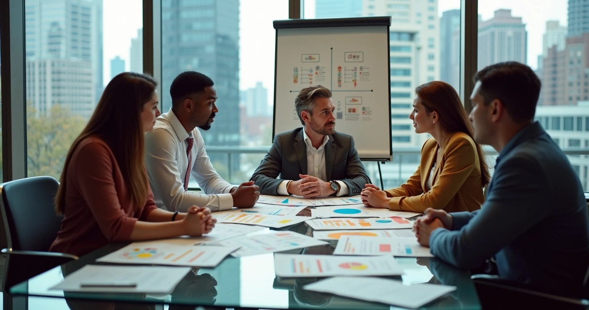 Equipe discutindo plano de benefícios flexíveis em sala de reunião moderna 
