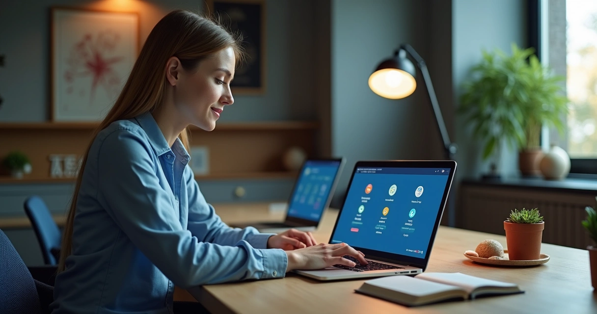 Profissional de tecnologia acessando plataforma de benefícios flexíveis em notebook 
