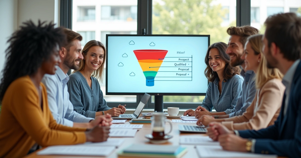 Equipe de vendas reunida, quadro visual de funil digital ao centro 