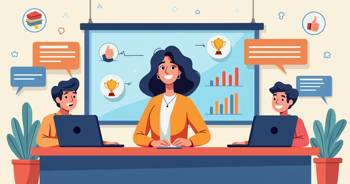 Professor em sala digital gamificada, alunos online motivados