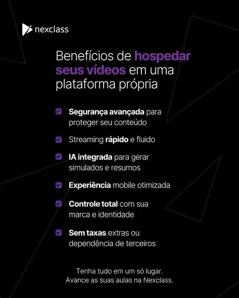 Texto destacando benefícios de hospedar vídeos em plataforma própria para escolas digitais