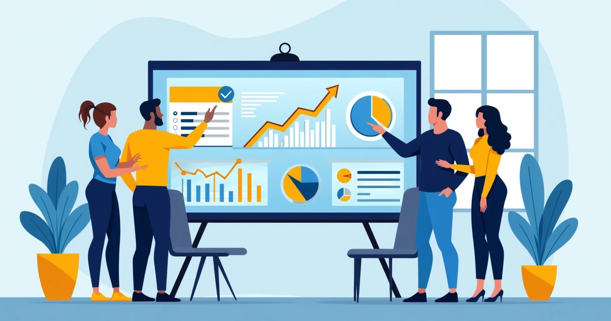 Equipe reunida ao redor de tela que exibe gráficos positivos após adoção de inteligência artificial 