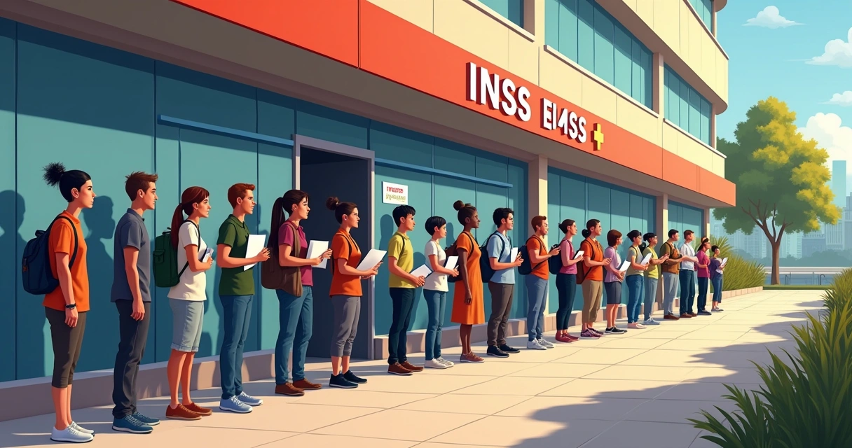 Fila de pessoas em frente à agência do INSS. 