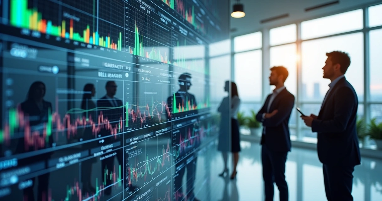 Profissionais analisando dados financeiros integrados em tempo real em uma tela grande 