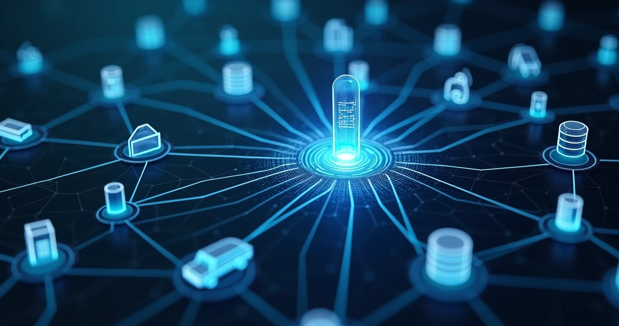 Rede digital conectando várias fontes de dados como gráficos, documentos e mapas 