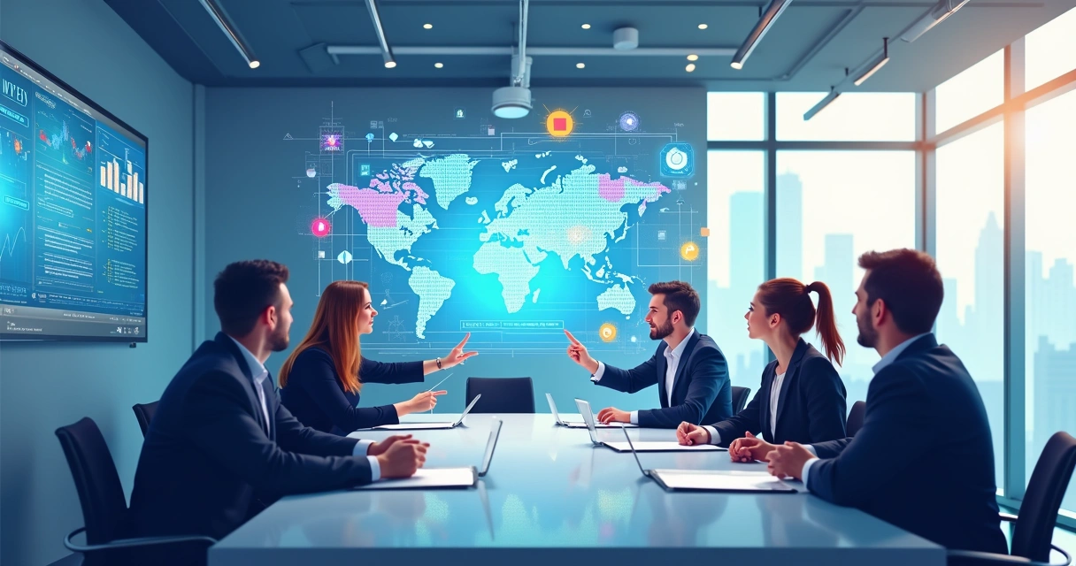 Profissionais em reunião apontando para gráficos digitais coloridos de IA 