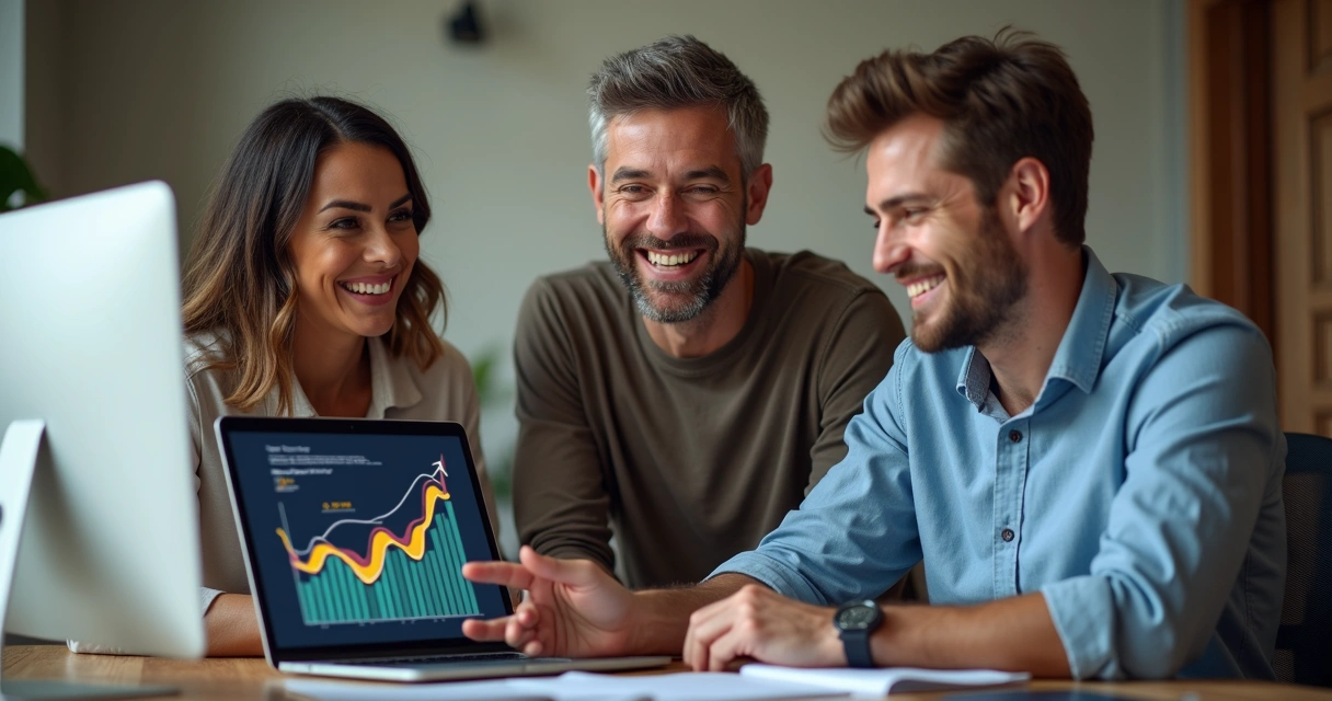 Empresários sorrindo ao redor de tela com gráficos de crescimento