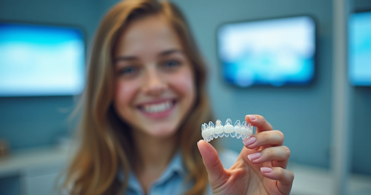 Paciente mostrando alinhador invisível na mão