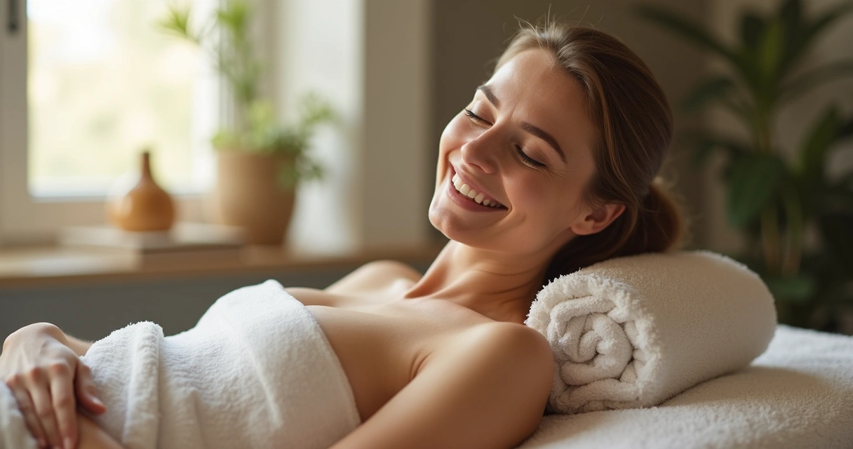Mulher sorrindo sentada após sessão de massagem, luz natural entrando por janela ao fundo 