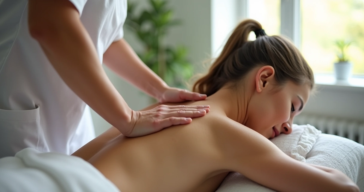 Profissional aplica massagem nas costas de mulher para alívio de dor 