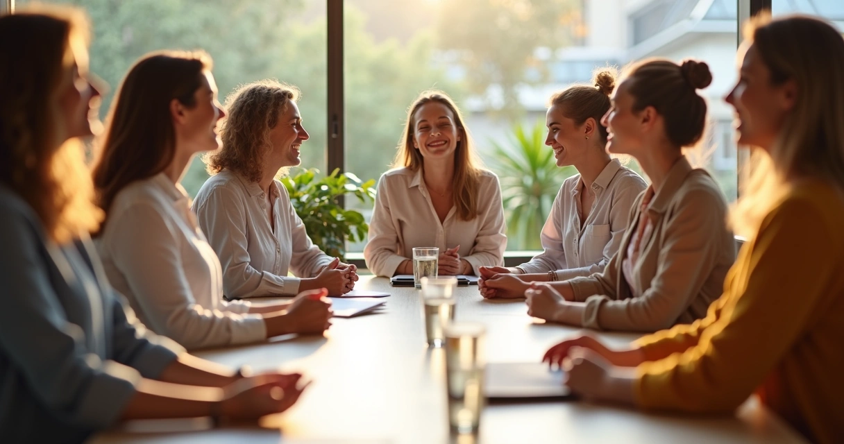 Equipe de trabalho reunida, demonstrando conexão e calmaria após uma sessão de meditação 