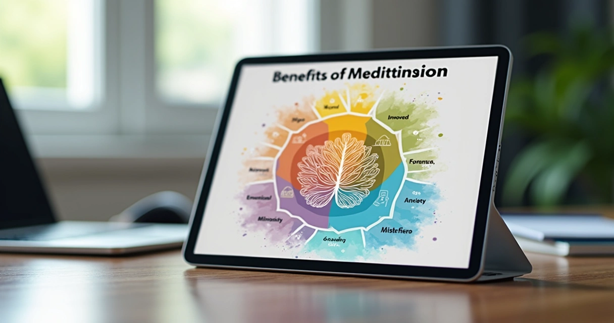 Gráfico colorido mostrando benefícios da meditação como foco e controle emocional 