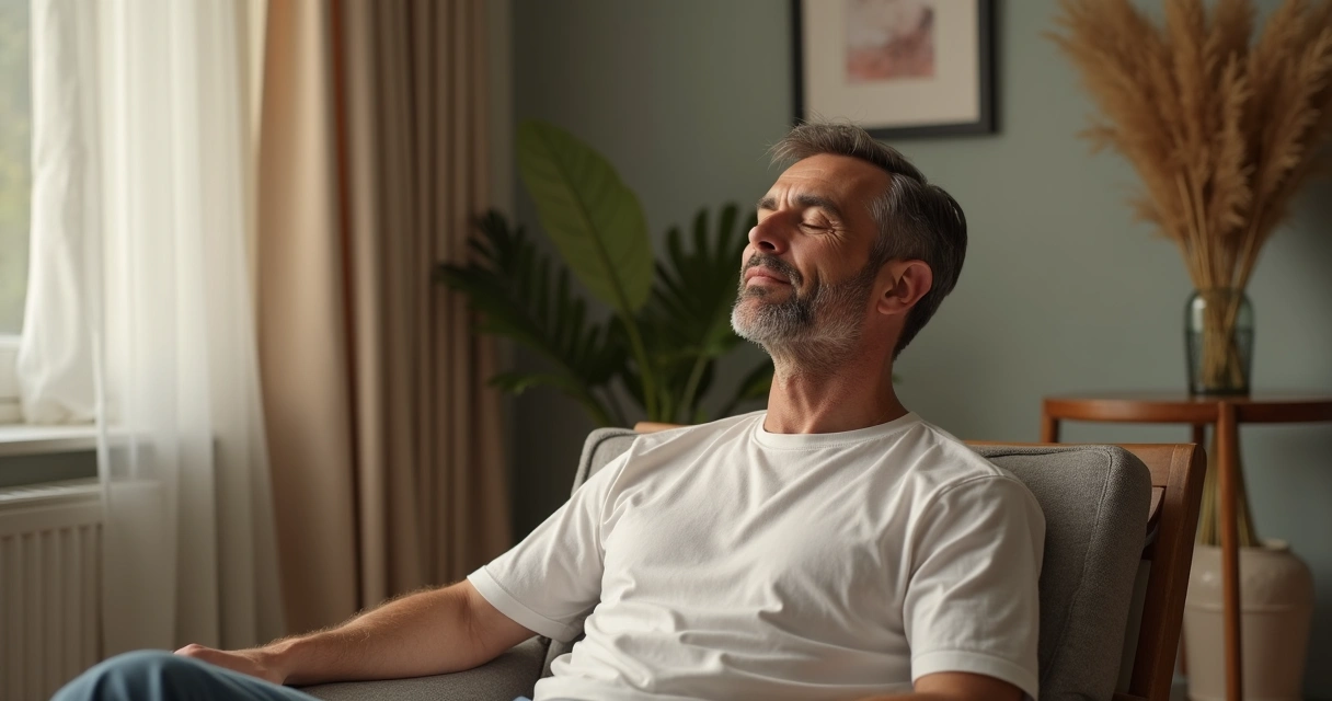 Homem sentado em cadeira simples, olhos fechados, expressão tranquila, elementos suaves indicando calma. 
